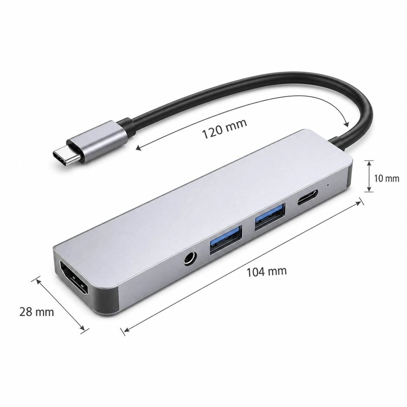 ADAPTADOR HUB USB-C MULTIPUERTOS 5 EN 1 (HDMI, JACK, USB, USB C) GTC - 6