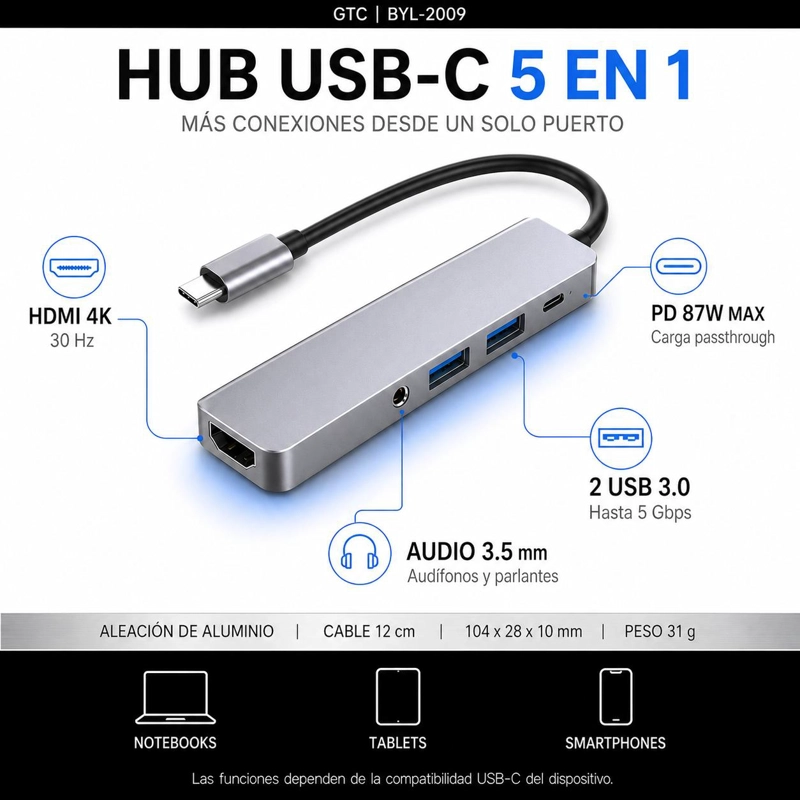ADAPTADOR HUB USB-C MULTIPUERTOS 5 EN 1 (HDMI, JACK, USB, USB C) GTC - 7