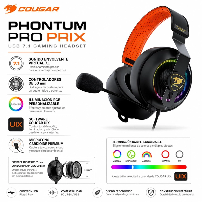 AUDÍFONOS COUGAR CGR-U53MB-810 PHONTUM PRO PRIX USB 7.1 MULTIPLATAFORMA - 7