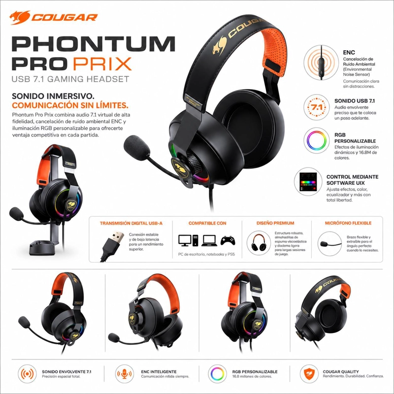 AUDÍFONOS COUGAR CGR-U53MB-810 PHONTUM PRO PRIX USB 7.1 MULTIPLATAFORMA - 8
