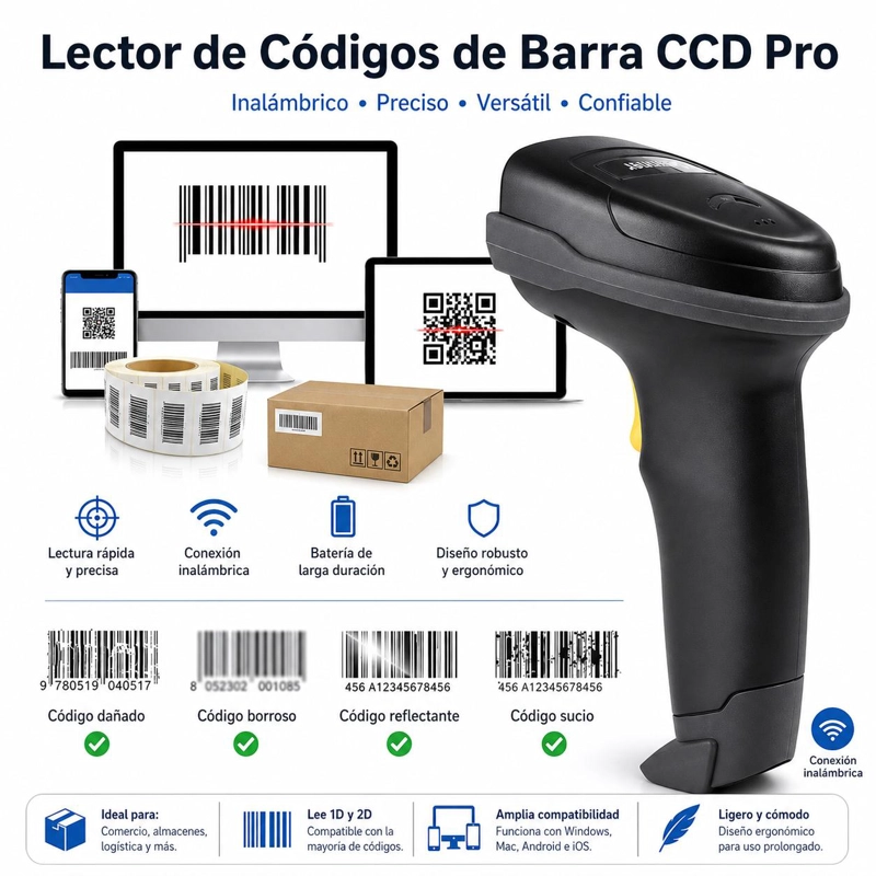 LECTOR DE CÓDIGOS DE BARRA UTEK UT-BSCW30 2G INALÁMBRICO CCD 2.4G RECARGABLE - 6