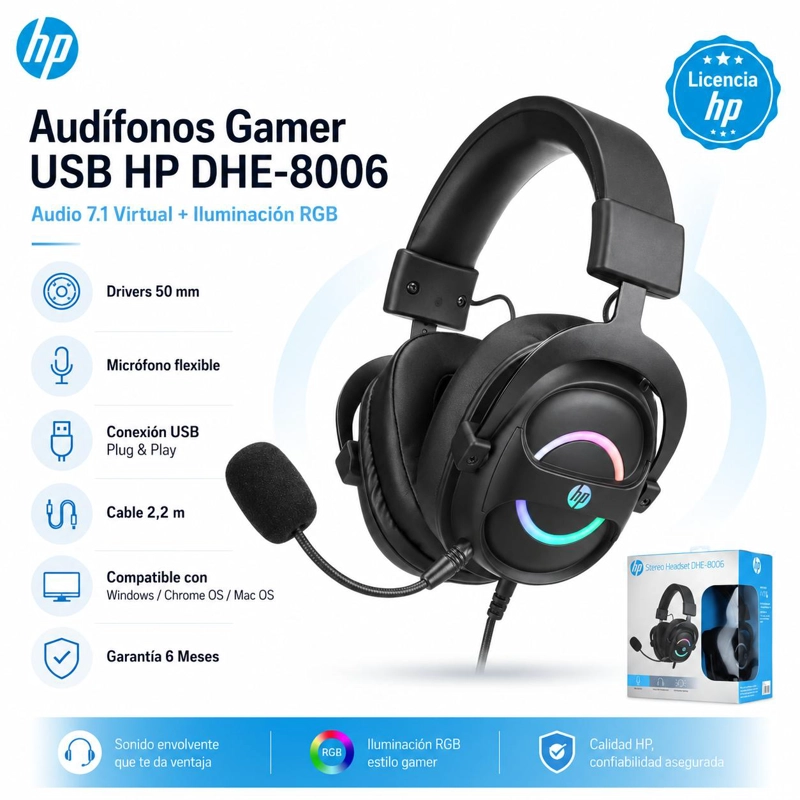 AUDÍFONOS GAMER HP HEADSET DHE8006 USB AUDIO 7.1 + ILUMINACIÓN RGB - 7