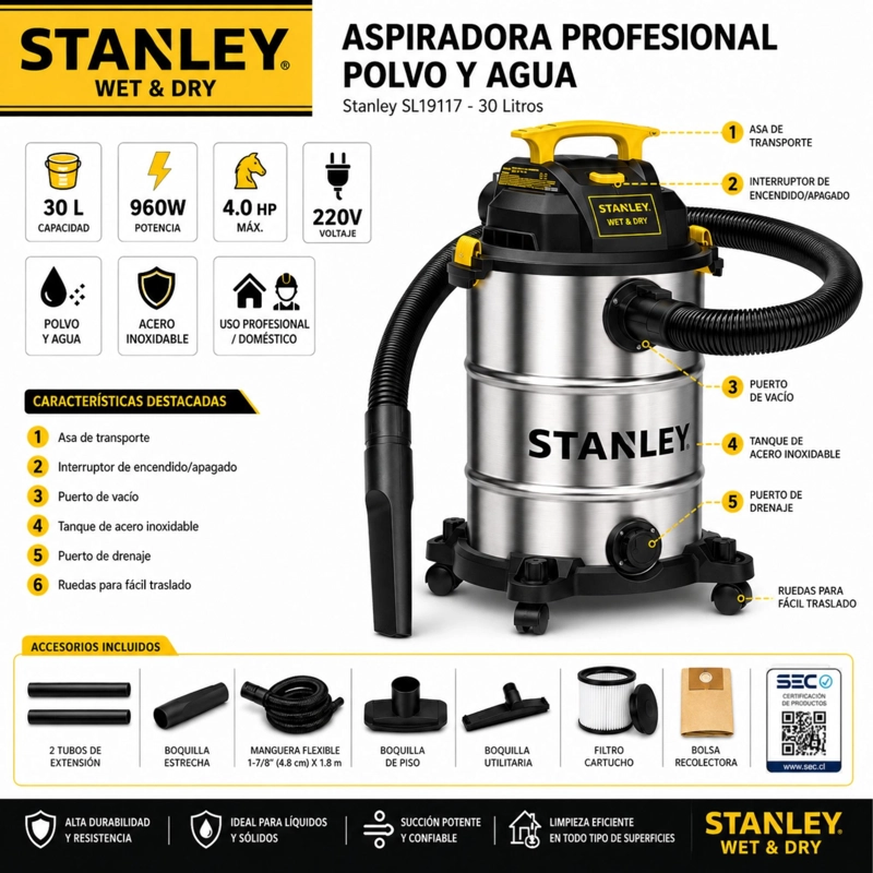 ASPIRADORA PROFESIONAL STANLEY 30LT POLVO & AGUA SL19117 - 4