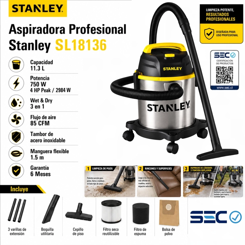 ASPIRADORA STANLEY SL18136 PROFESIONAL INOXIDABLE 11 LITROS - 6
