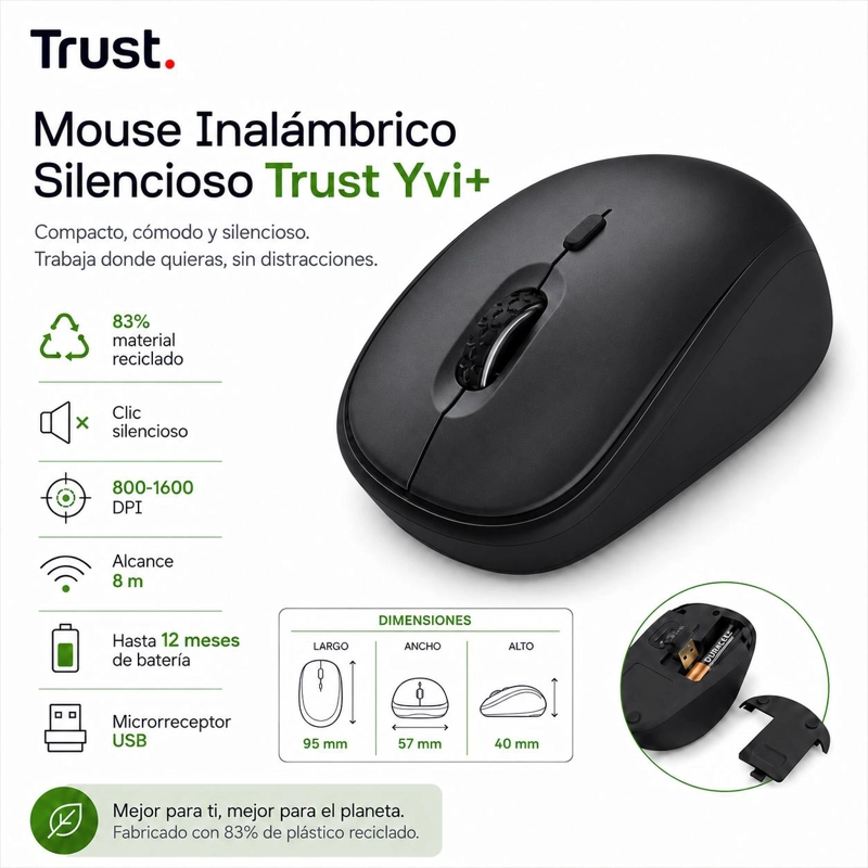 MOUSE INALÁMBRICO TRUST SILENCIOSO YVI ECO FRIENDLY BK 24549 - 7