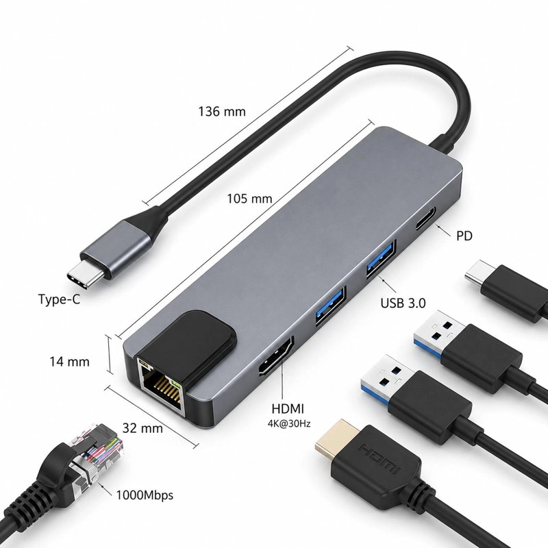 DOCKING STATION TECMASTER TYPE-C 100W + HDMI 4K + ETHERNET + HUB USB 3.0 - 6