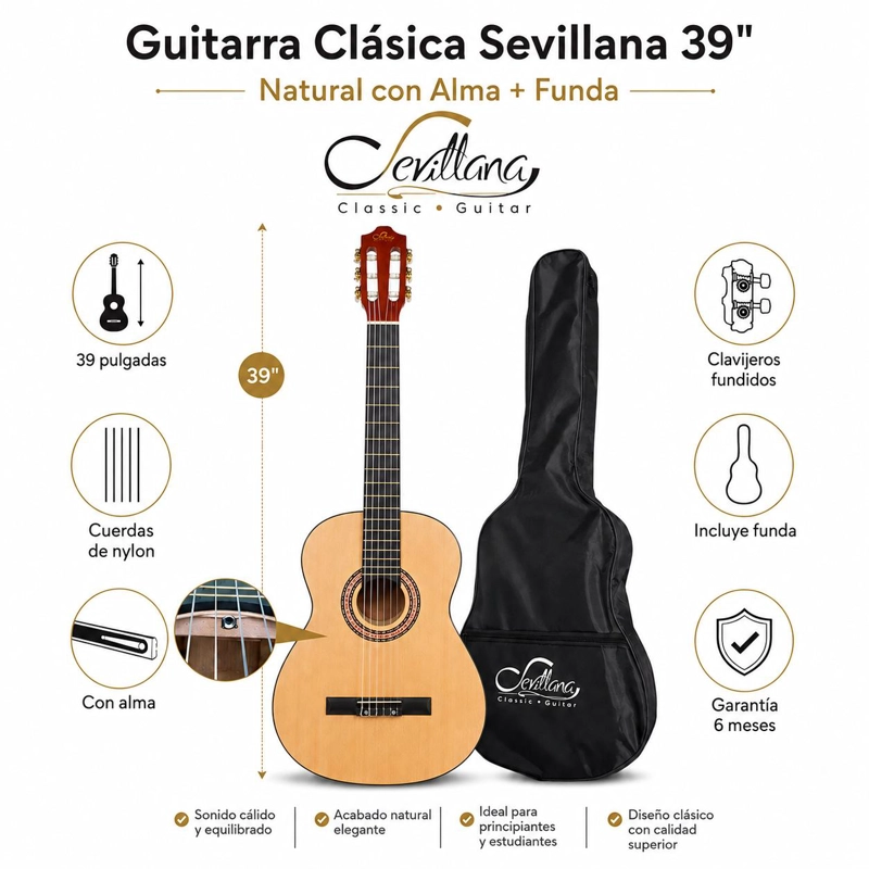 GUITARRA CLASICA SEVILLANA 39” NATURAL CON ALMA + FUNDA 8446 - 7