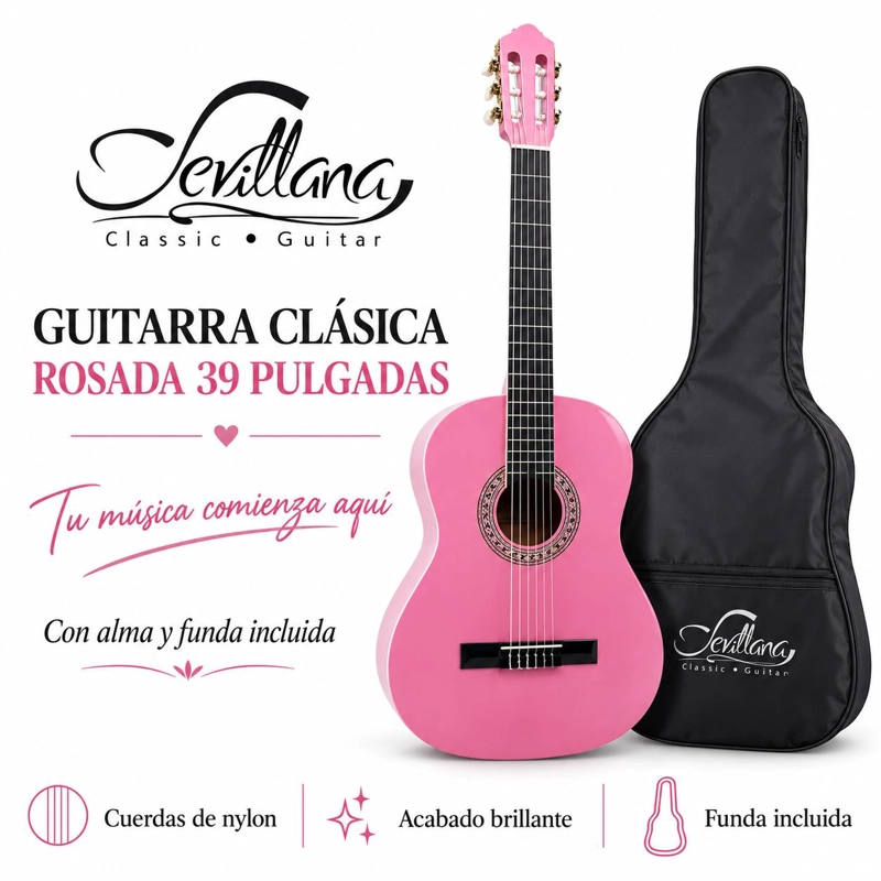 GUITARRA CLASICA SEVILLANA ROSADA 39” CON ALMA Y FUNDA 8451 - 4