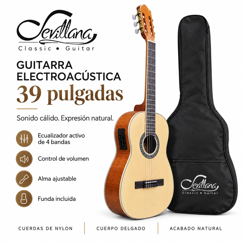 GUITARRA ELECTROACUSTICA SEVILLANA 39” NATURAL ESTANDAR CON ALMA AJUSTABLE Y FUNDA 8941 - 5