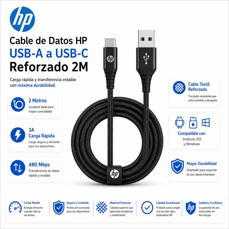 CABLE DE DATOS HP USB A TYPE-C 3A HIGH POWER 2M - 7