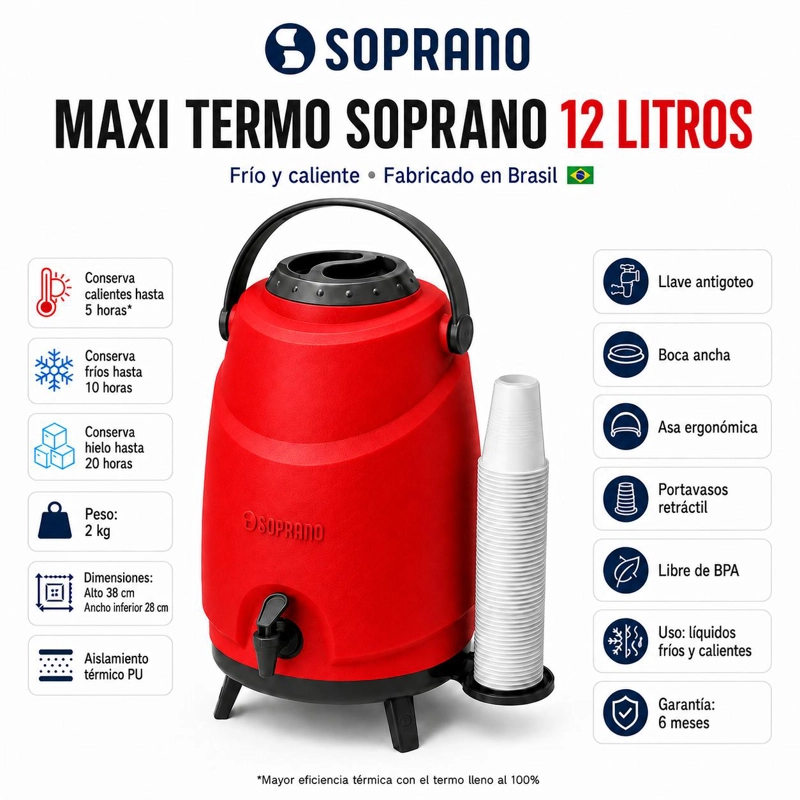 MAXI TERMO 12 LITROS SOPRANO ROJO PARA AGUA FRIA Y CALIENTE - 4