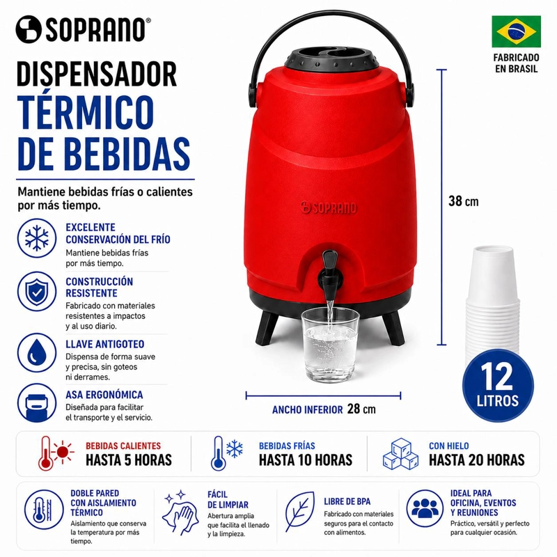 MAXI TERMO 12 LITROS SOPRANO ROJO PARA AGUA FRIA Y CALIENTE - 5