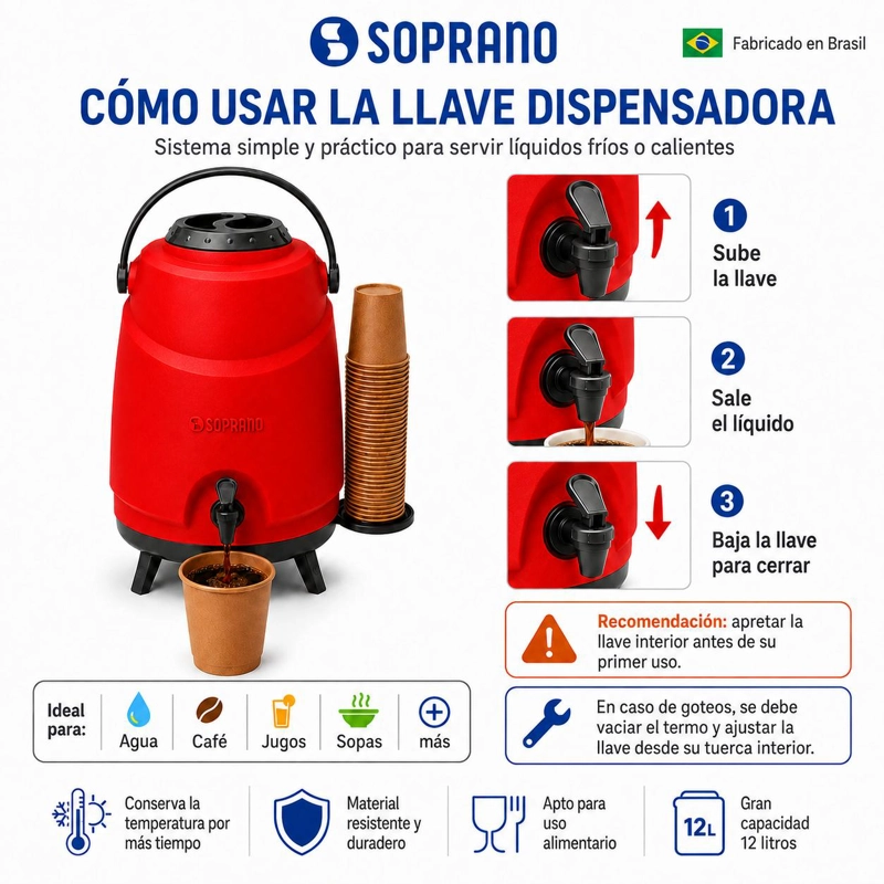 MAXI TERMO 12 LITROS SOPRANO ROJO PARA AGUA FRIA Y CALIENTE - 6