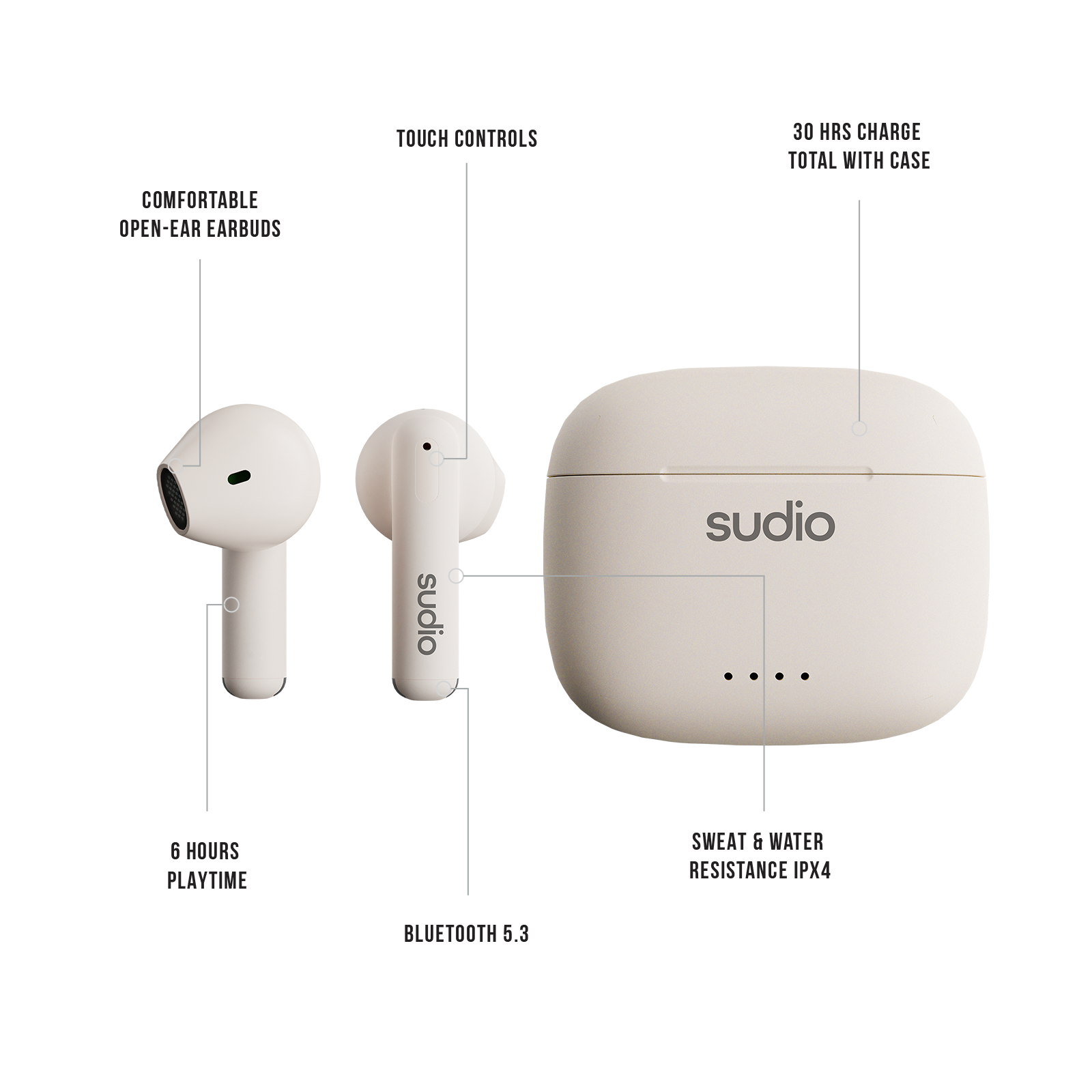 AUDIFONOS SUDIO PREMIUM LINE EARPHONES A1 TWS MIDNIGHT WHITE - 8
