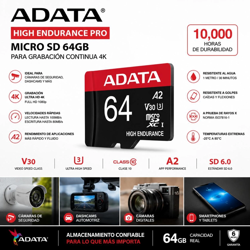 MEMORIA MICRO SD ADATA 64GB CLASE 10 PARA 4K HIGH ENDURANCE - 6