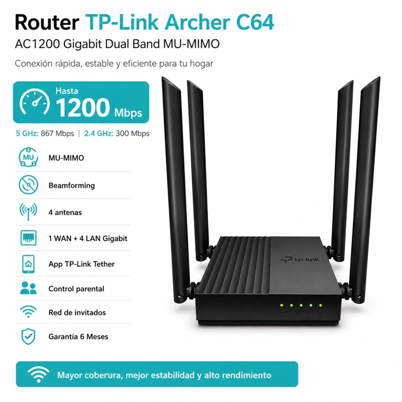 ROUTER TP-LINK ARCHER C64 AC1200 GIGABIT DUAL BAND MU-MIMO - 6