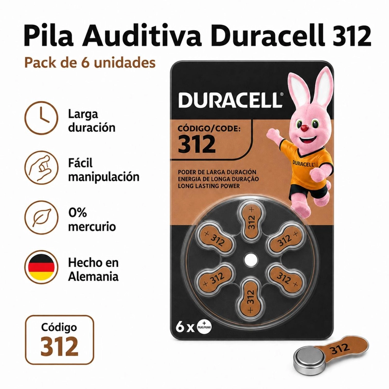 PILA DURACEL 312 AUDITIVA PACK DE 6U LARGA DURACIÓN - 6