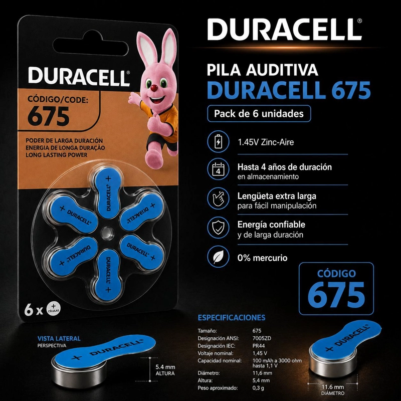 PILA DURACELL 675 AUDITIVA PACK DE 6U 1.45V LARGA DURACIÓN - 5