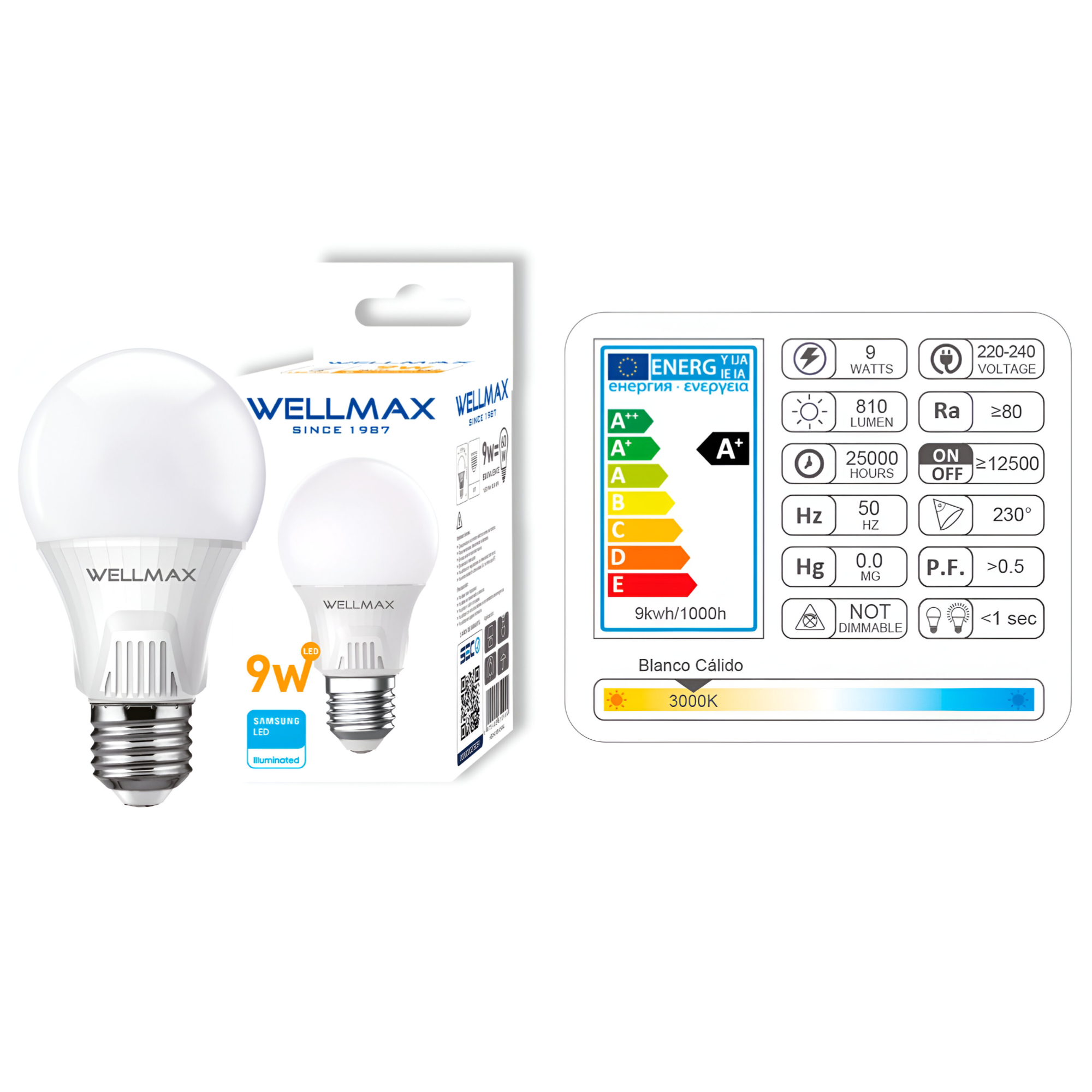 PACK OEM BALLET A60 9 W C DE 3 AMPOLLETAS WELLMAX E-27 9 W LUZ CALIDA LED SAMSUNG - 5