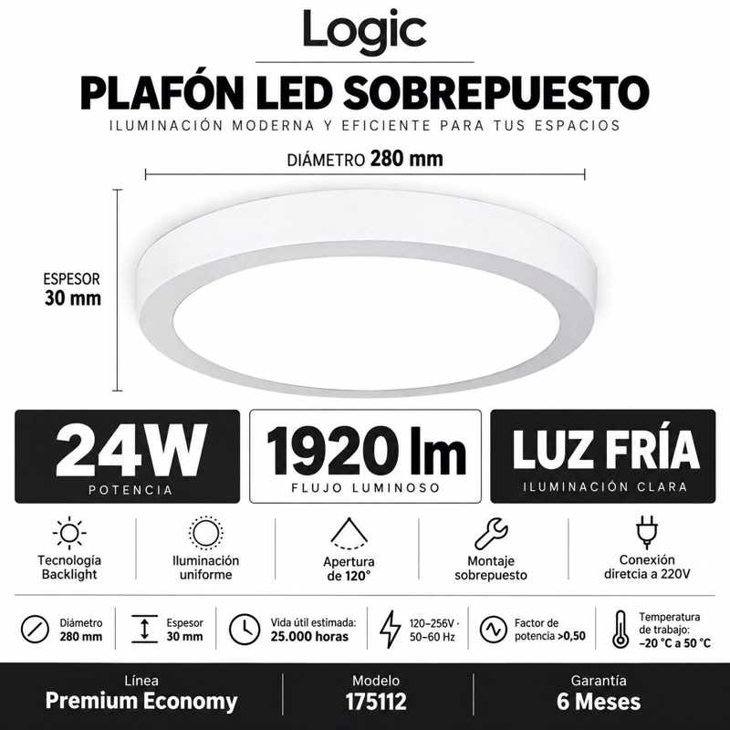 PLAFON LED SOBREPUESTO LOGIC 24W LUZ FRIA BLACKLIGHT 1920LM - 4