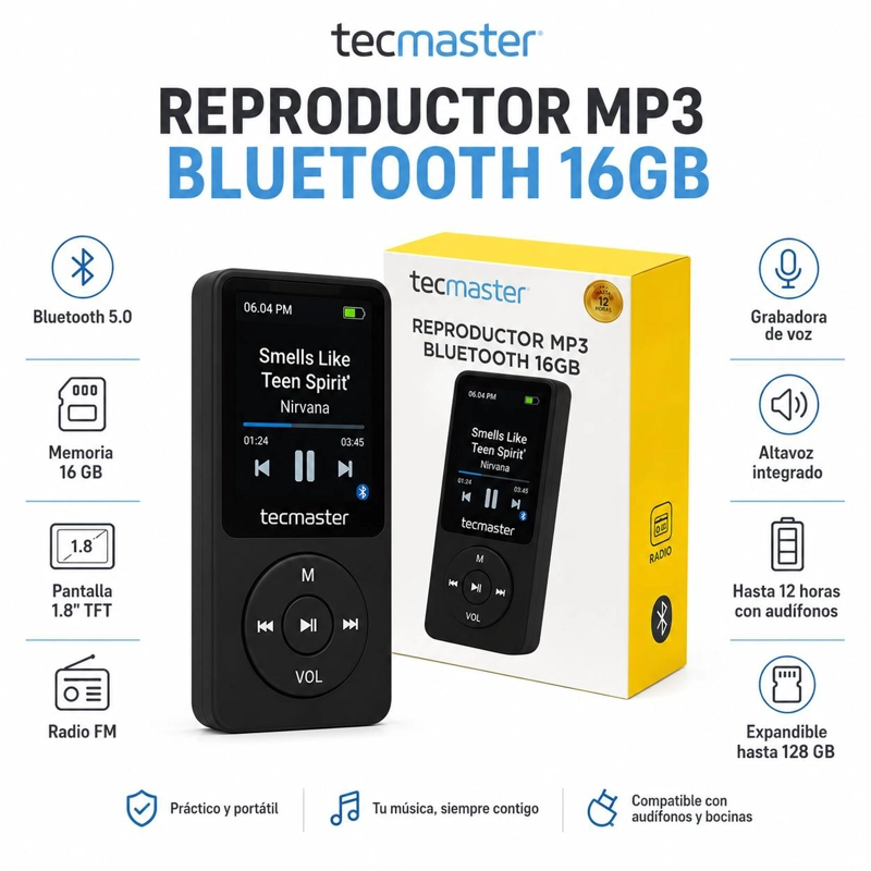 REPRODUCTOR MP3 16GB BLUETOOTH 5.0 TECMASTER TM-300523 NEGRO - 7