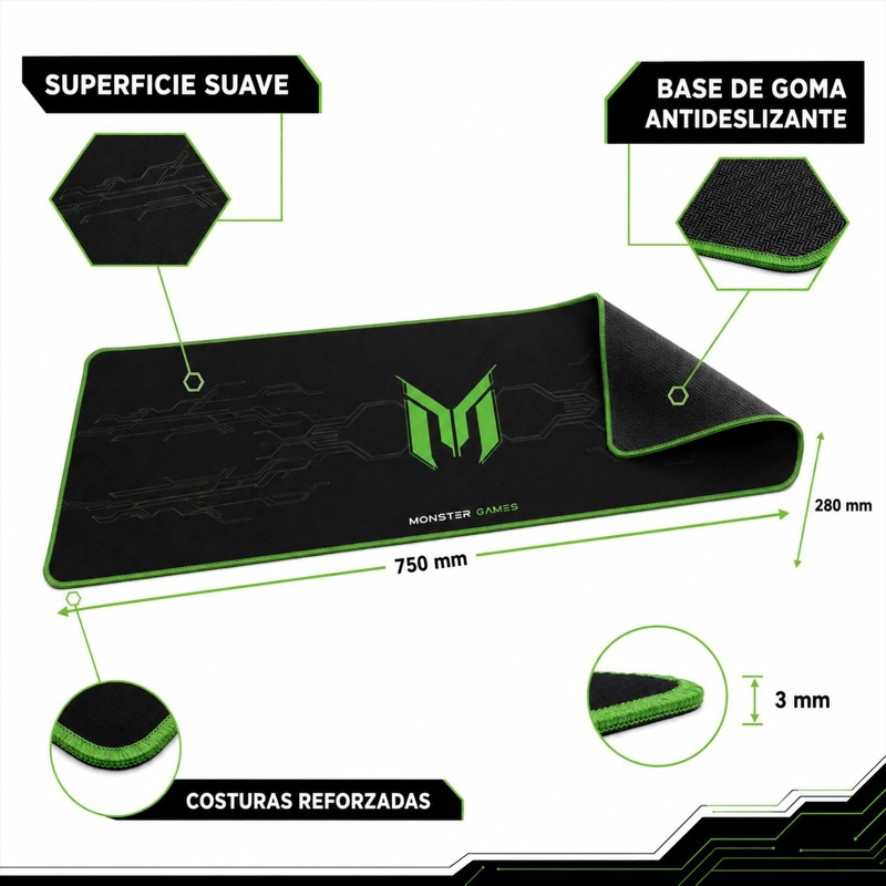 PAD MOUSE GAMER XXL ANTIDESLIZANTE 750X28X3MM MONSTER PA348 - 7