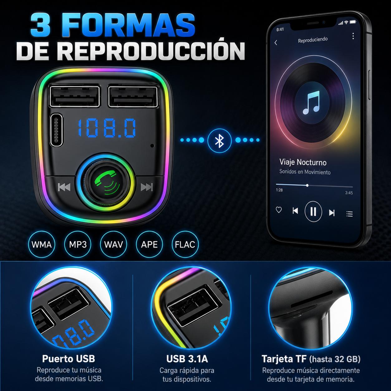 TRANSMISOR FM BLUETOOTH + PUERTO QUICK CHARGE 20W 12/24V RGB - 3