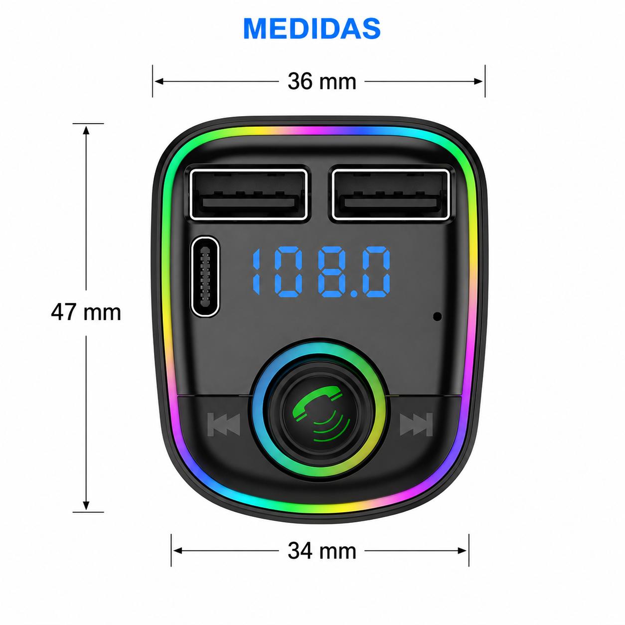 TRANSMISOR FM BLUETOOTH + PUERTO QUICK CHARGE 20W 12/24V RGB - 5