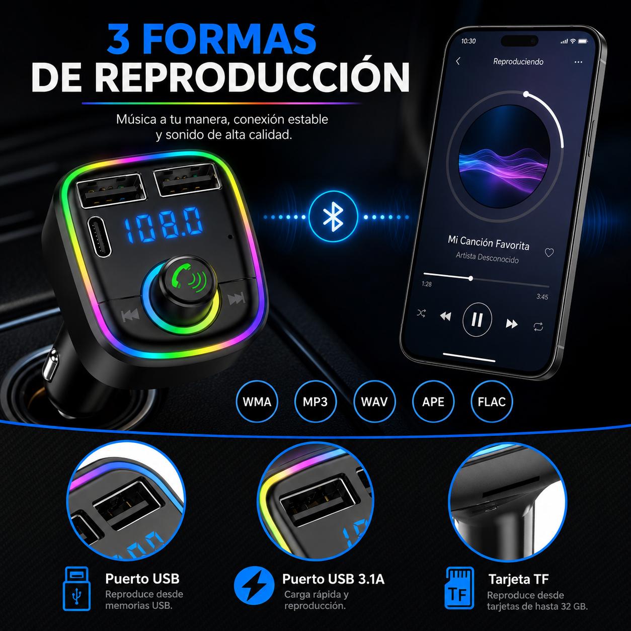 TRANSMISOR FM BLUETOOTH + PUERTO QUICK CHARGE 20W 12/24V RGB - 8