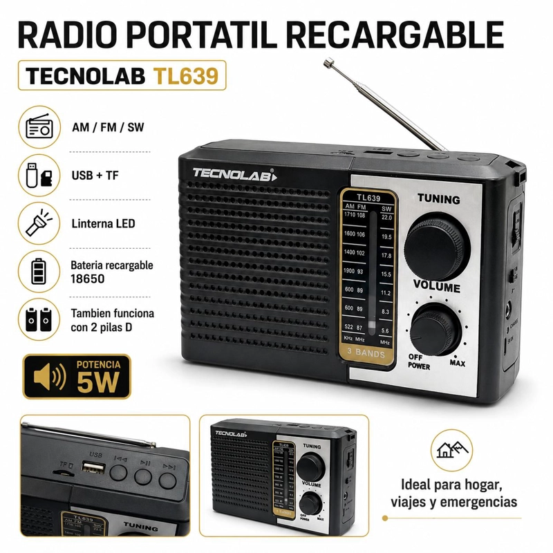 RADIO PORTATIL AM/ FM/ SW RECARGABLE +PILAS + LUZ LED 5W RMS - 5