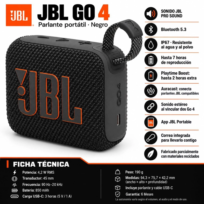 PARLANTE PORTATIL JBL GO 4 BLACK BLUETOOTH 5 WATERPROOF IP67 - 8