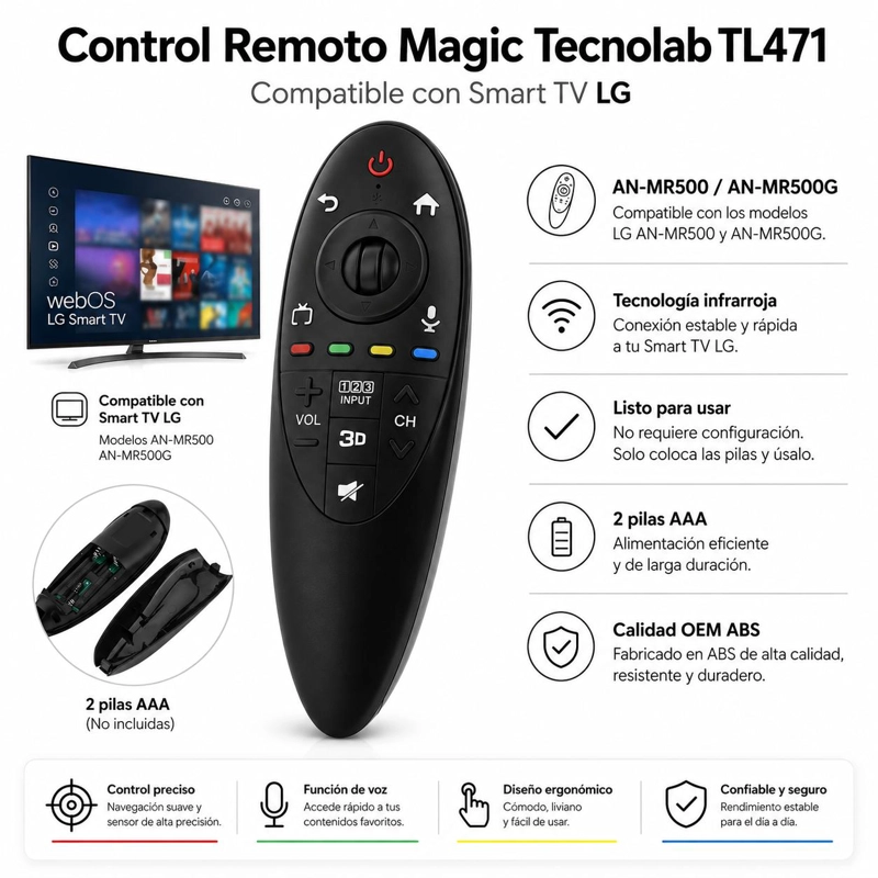 CONTROL REMOTO MAGIC PARA SMART TV LG 3D / 4K / TL471 BLACK - 7