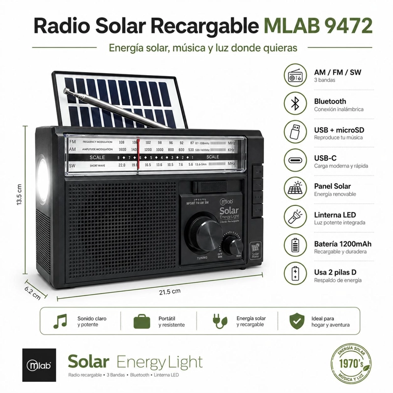 RADIO AM/ FM/ SW/ BT RECARGABLE USB-C + CARGA SOLAR & PILAS - 5