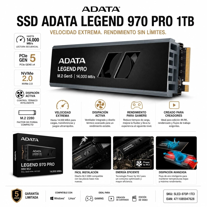 DISCO SOLIDO SSD 1TB M.2 2280 LEGEND 970 PRO GEN5 14000 MB/S - 2