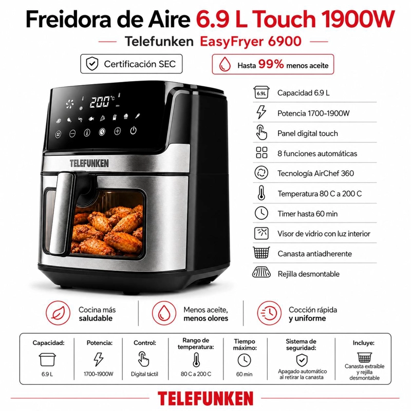 FREIDORA DE AIRE 6.9LT AIRCHEF EASYFRYER 6900 TOUCH 1900W - 7
