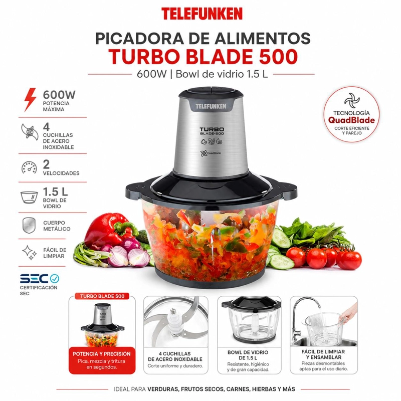 PICADORA DE ALIMENTOS TURBO BLADE 600W BOWL VIDRIO 1.5 LT - 5
