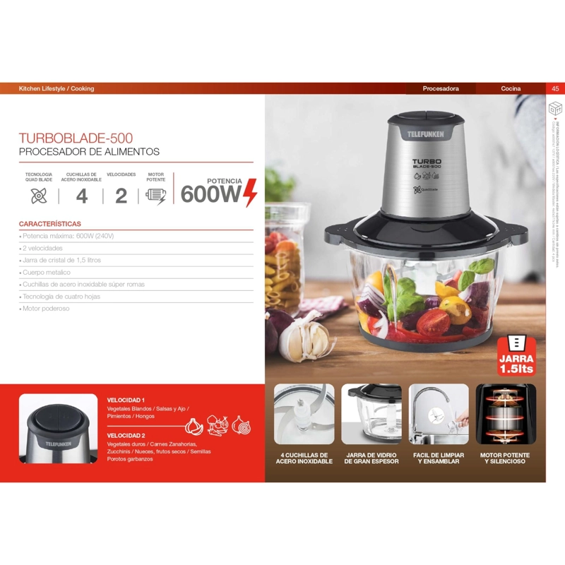 PICADORA DE ALIMENTOS TURBO BLADE 600W BOWL VIDRIO 1.5 LT - 9