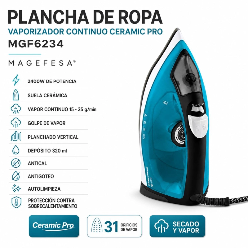 PLANCHA DE ROPA CON VAPORIZADOR CONTINUO CERAMIC PRO MGF6234 - 6