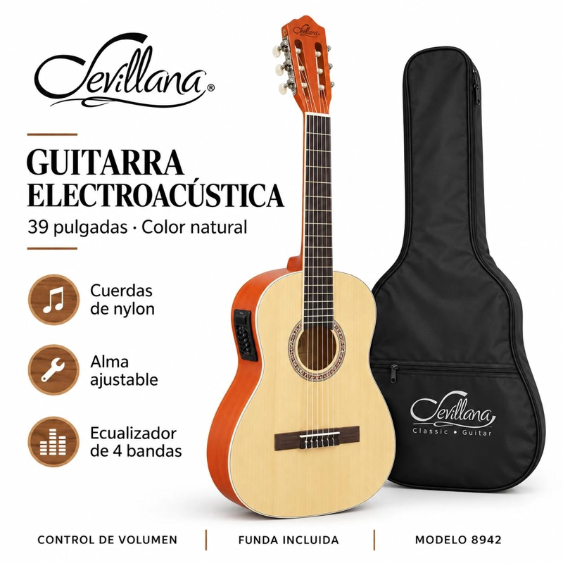 GUITARRA ELECTROACUSTICA SEVILLANA 39” ULTRA DELGADA CON ALMA AJUSTABLE Y FUNDA - 7