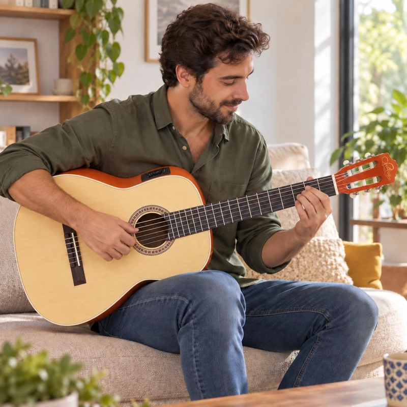 GUITARRA ELECTROACUSTICA SEVILLANA 39” ULTRA DELGADA CON ALMA AJUSTABLE Y FUNDA - 9