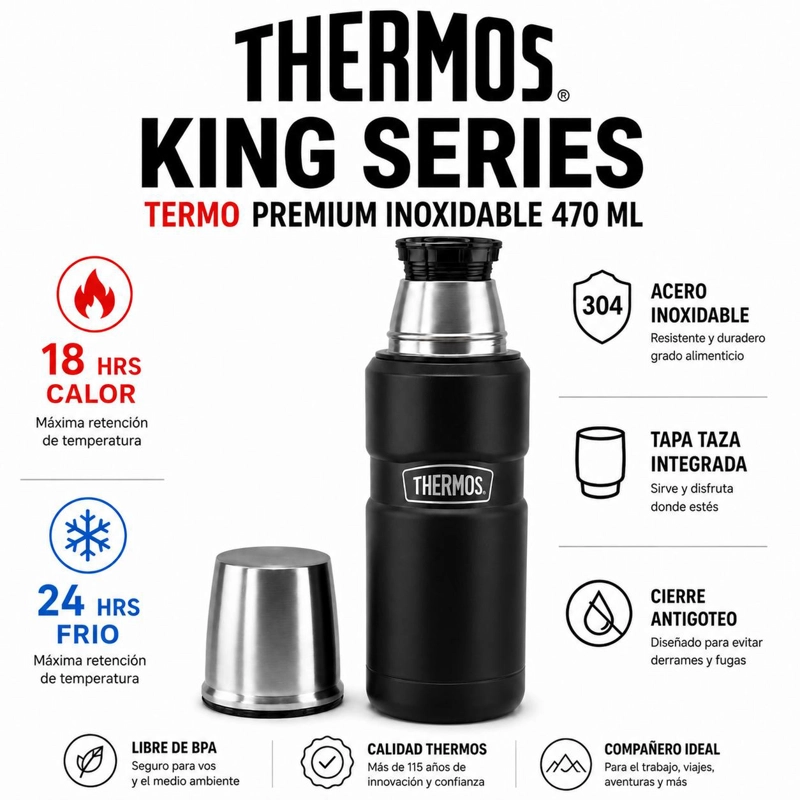 TERMO PREMIUM THERMOS KING INOX SK2000 470ML 18H/24H BLACK - 6
