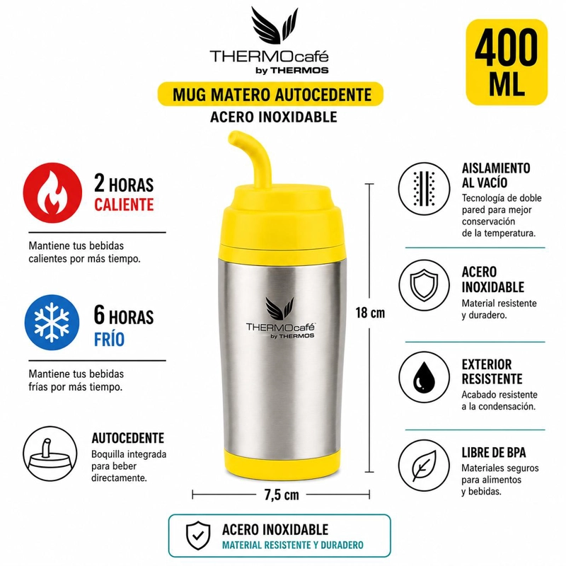 VASO TE RMICO MUG MATERO INOXIDABLE THERMOS AMARILLO 400ML - 5