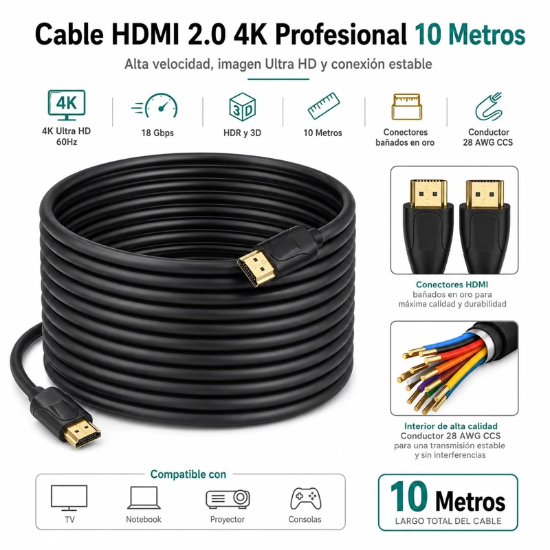 CABLE HDMI 4K PROFESIONAL 10MT  ULTRA HD VERSION HDMI 2.0 - 5