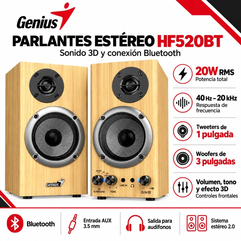 PARLANTES MONITORES STEREO 20W AUDIO3D HF520 BLUETOOTH - 3