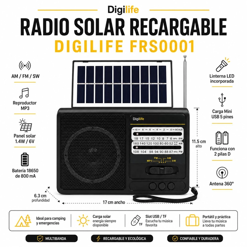 RADIO SOLAR RECARGABLE MULTIBANDA AM/FM/ SW/MP3/SD/ LINTERNA - 7