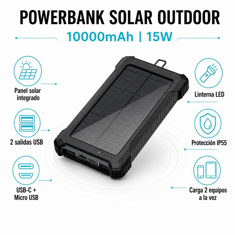 POWERBANK SOLAR OUTDOOR MULTIPUERTOS 10000MAH CARGA RAPIDA - 6