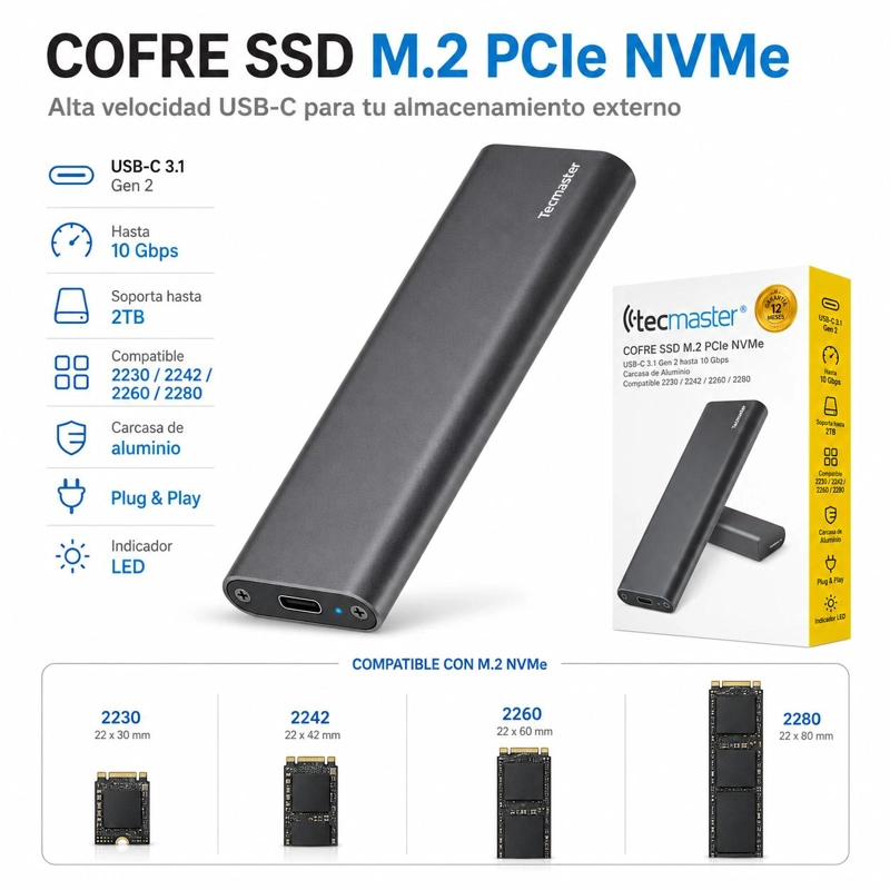 COFRE DE DISCOS SSD M2 PCI-E NVME HIGH SPEED CASE USB-C 2 TB - 8