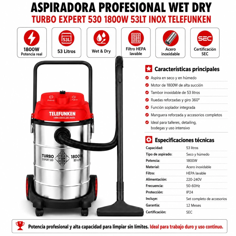 ASPIRADORA PROFESIONAL WET / DRY TURBO EXPERT 530 1800W 53LT INOX - 6