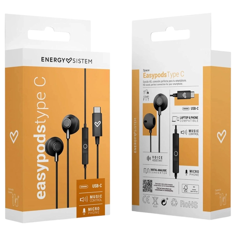 AUDIFONOS ENERGY SISTEM USB-C EASYPODS HD BLACK EDITION - 7