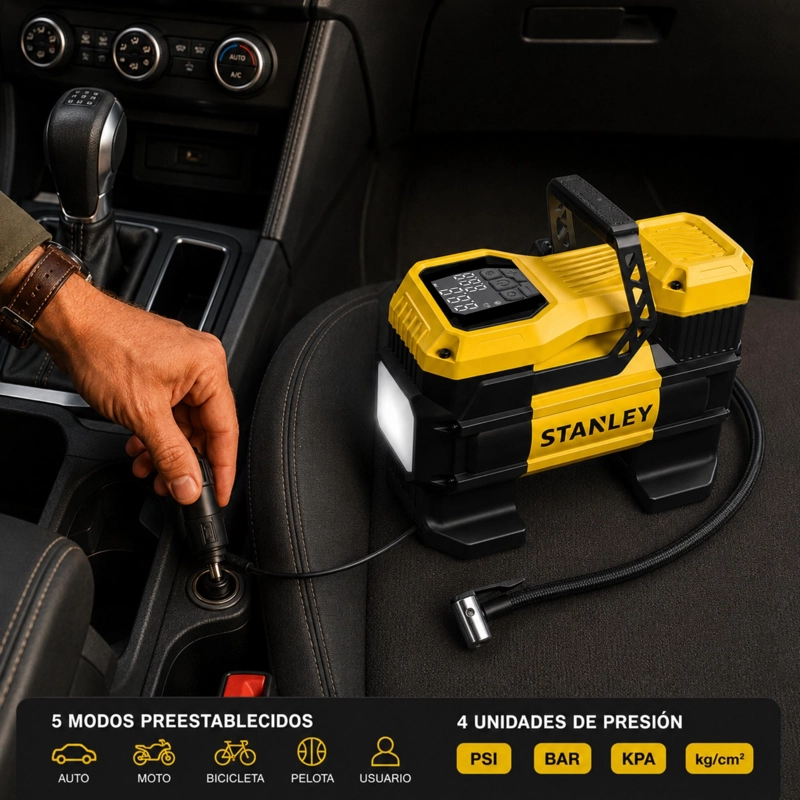 INFLADOR DE NEUMATICOS STANLEY 12V AUTOS-4X4-CAMIONES 145 PSI MAX - 7